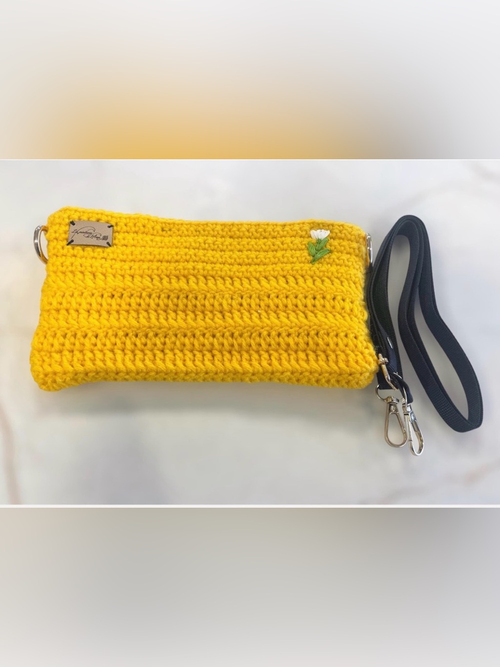 Hand Crafted Yellow Crochet Crossbody Bag with Black Strap